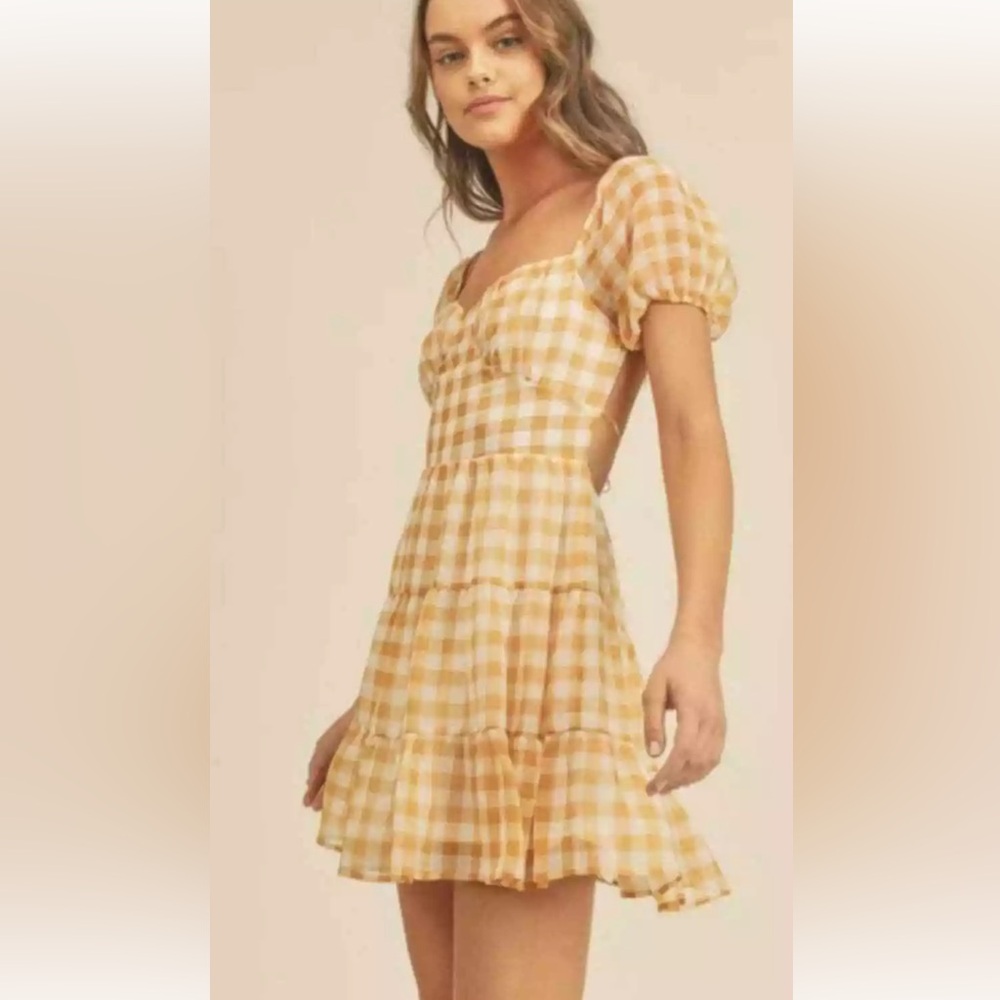 NWT Lush Ginger Gingham Puff Sleeve Open Back Dress Sz L